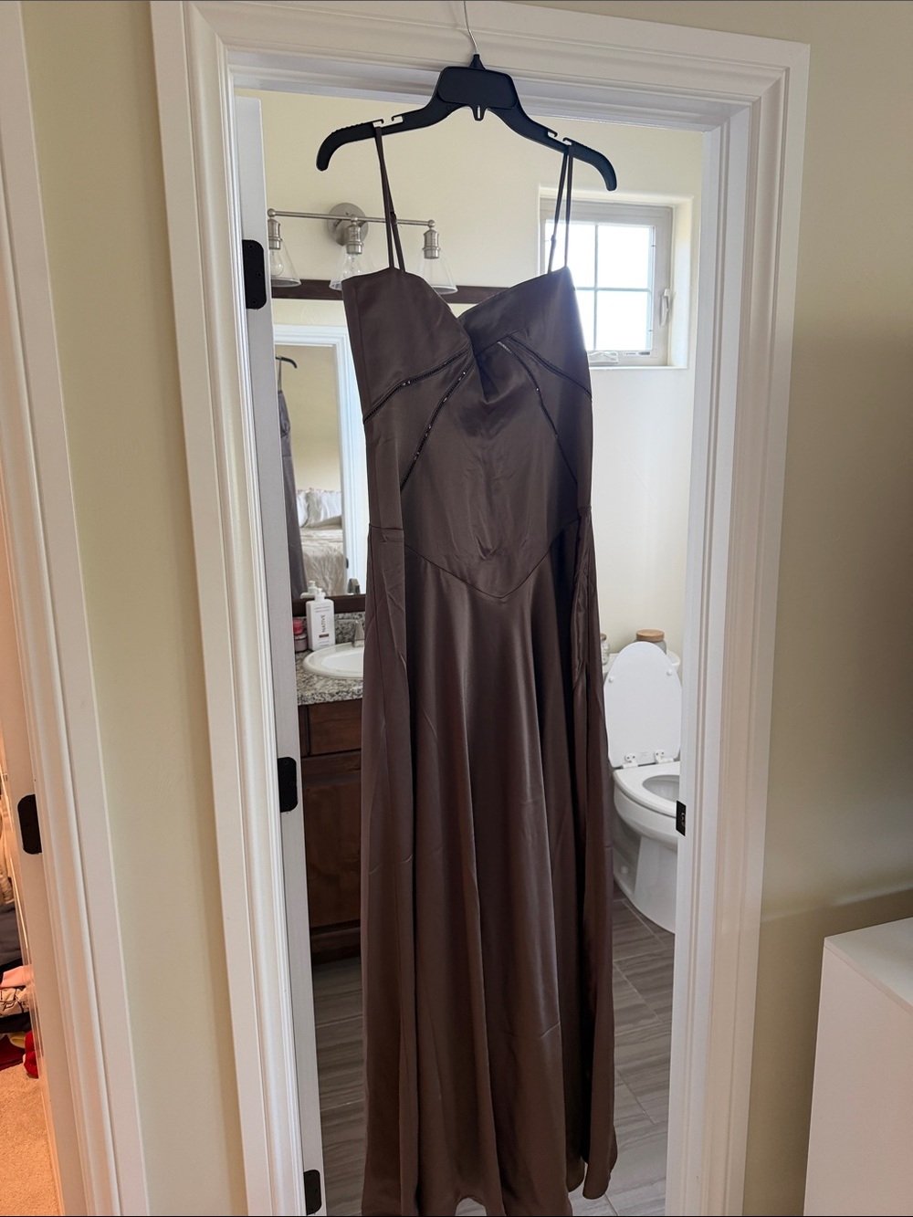 House of CB Brown Satin Maxi Dress with Spaghetti Straps
